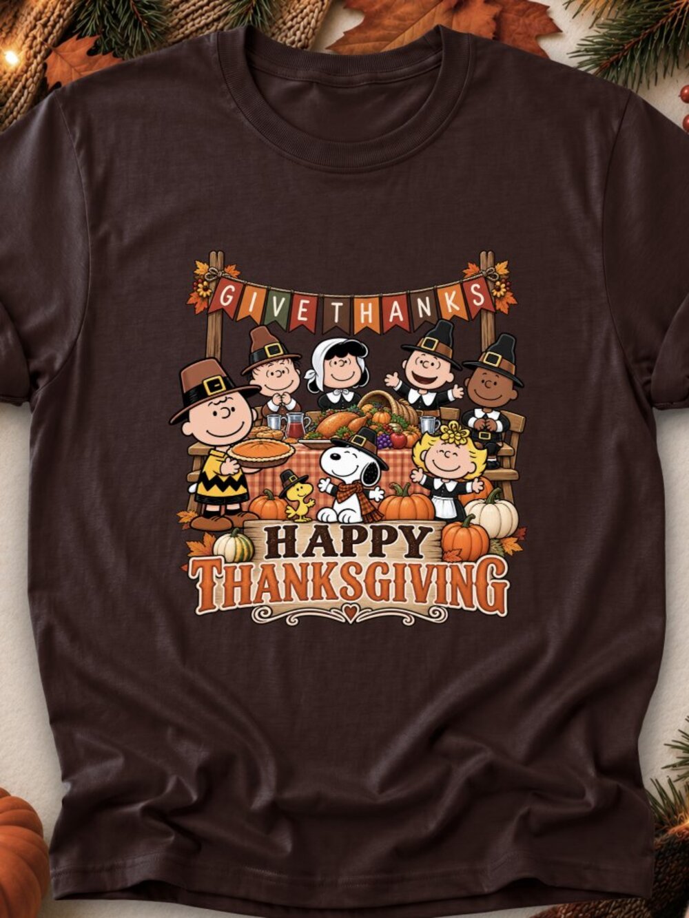 Peanuts Thanksgiving Table TShirt Graphic Tee Fall Autumn Holiday Give Thanks